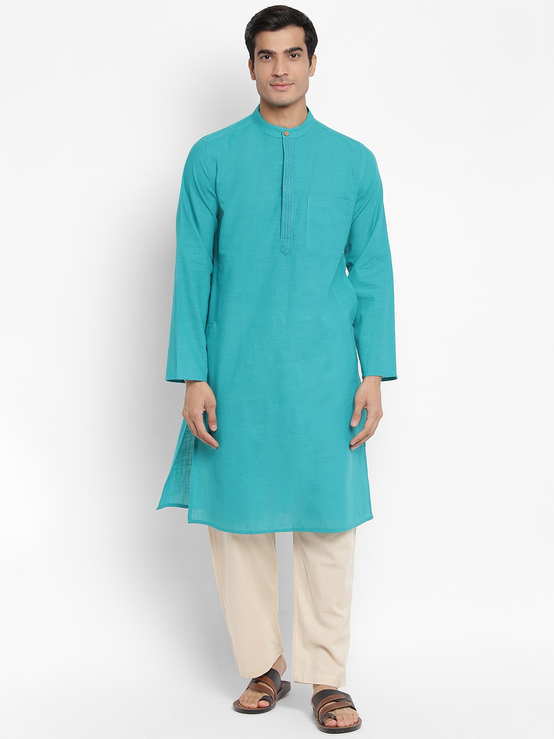 

Fabindia Men Green Pure Cotton Solid Slim Fit Kurta