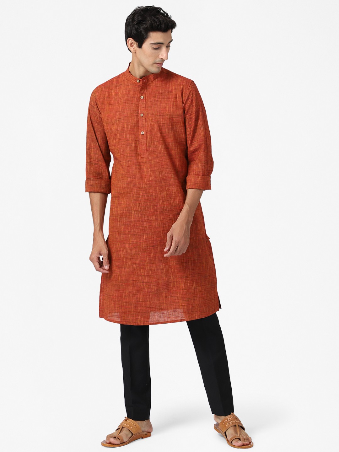 

Fabindia Men Rust Orange Pure Cotton Solid Slim Fit Kurta