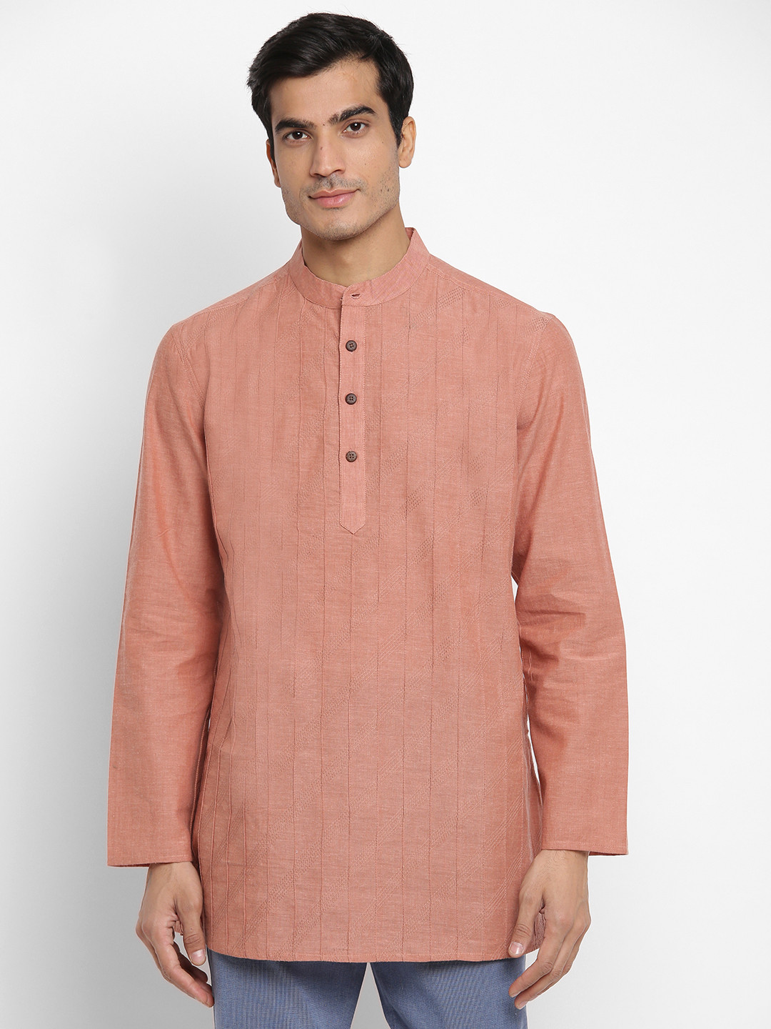 

Fabindia Men Dusty Pink Pure Cotton Striped Thread Work Kurta