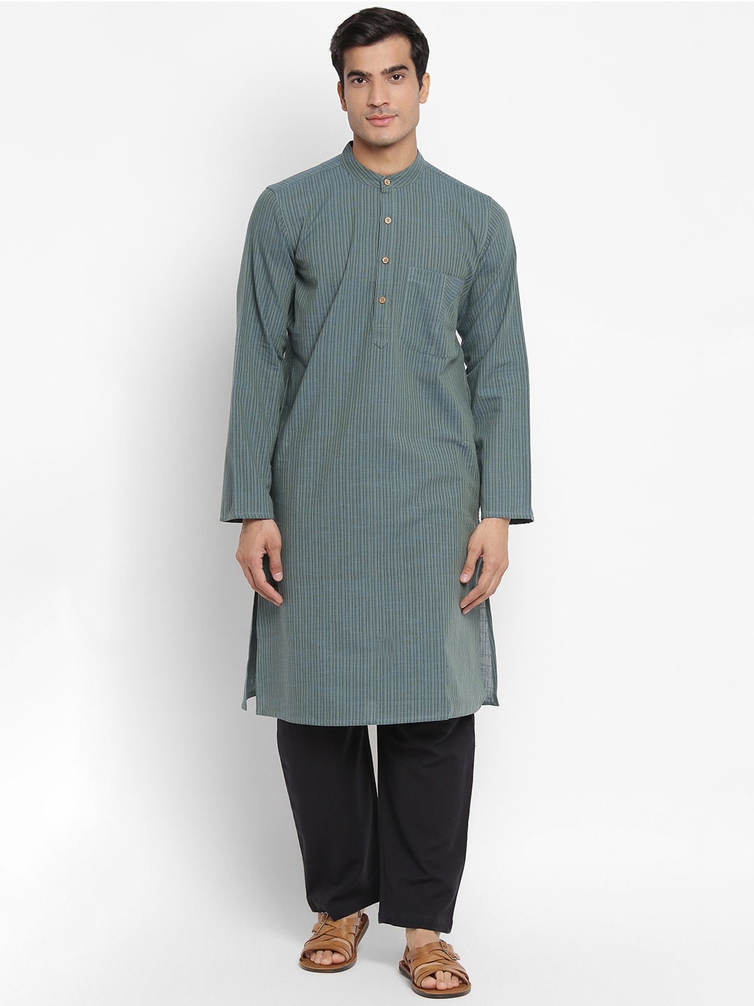 

Fabindia Men Green & Blue Pure Cotton Slim Fit Striped Kurta