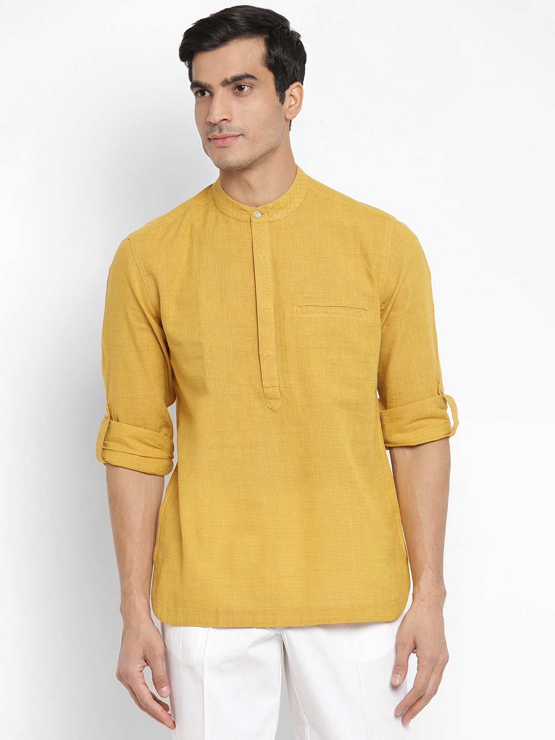 

Fabindia Men Mustard Yellow Slim Fit Striped Kurta