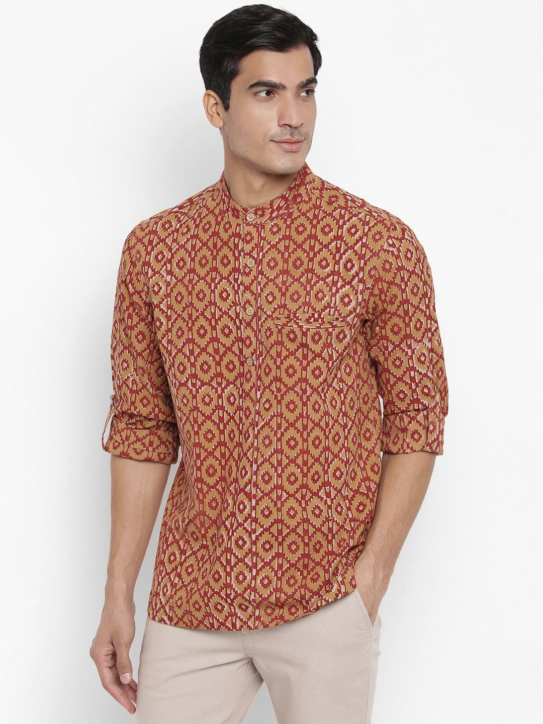 

Fabindia Men Mustard Yellow & Maroon Cotton Slim Fit Geometric Hand Block Printed Kurta