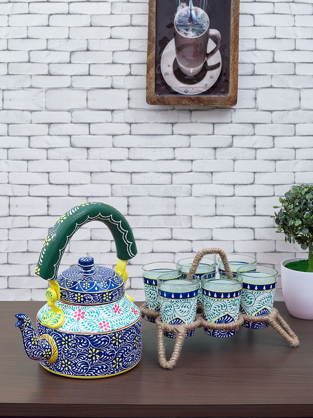 

Golden Peacock Blue & Green Hand Painted Glass 6 Kettle Set