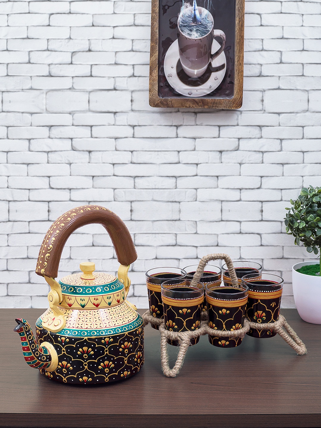 

Golden Peacock Multicoloured Hand Painted 6 Pieces Glasses & Tea Kettle Pot with Holder, Multi