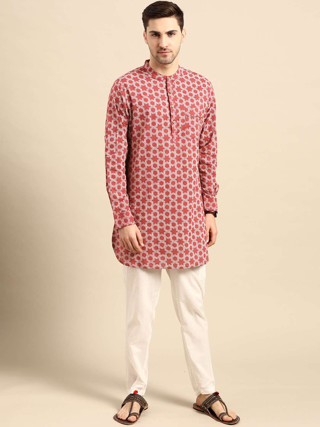 

Anouk Men Maroon & Off-White Printed Pure Cotton Regular Kurta with Pyjamas