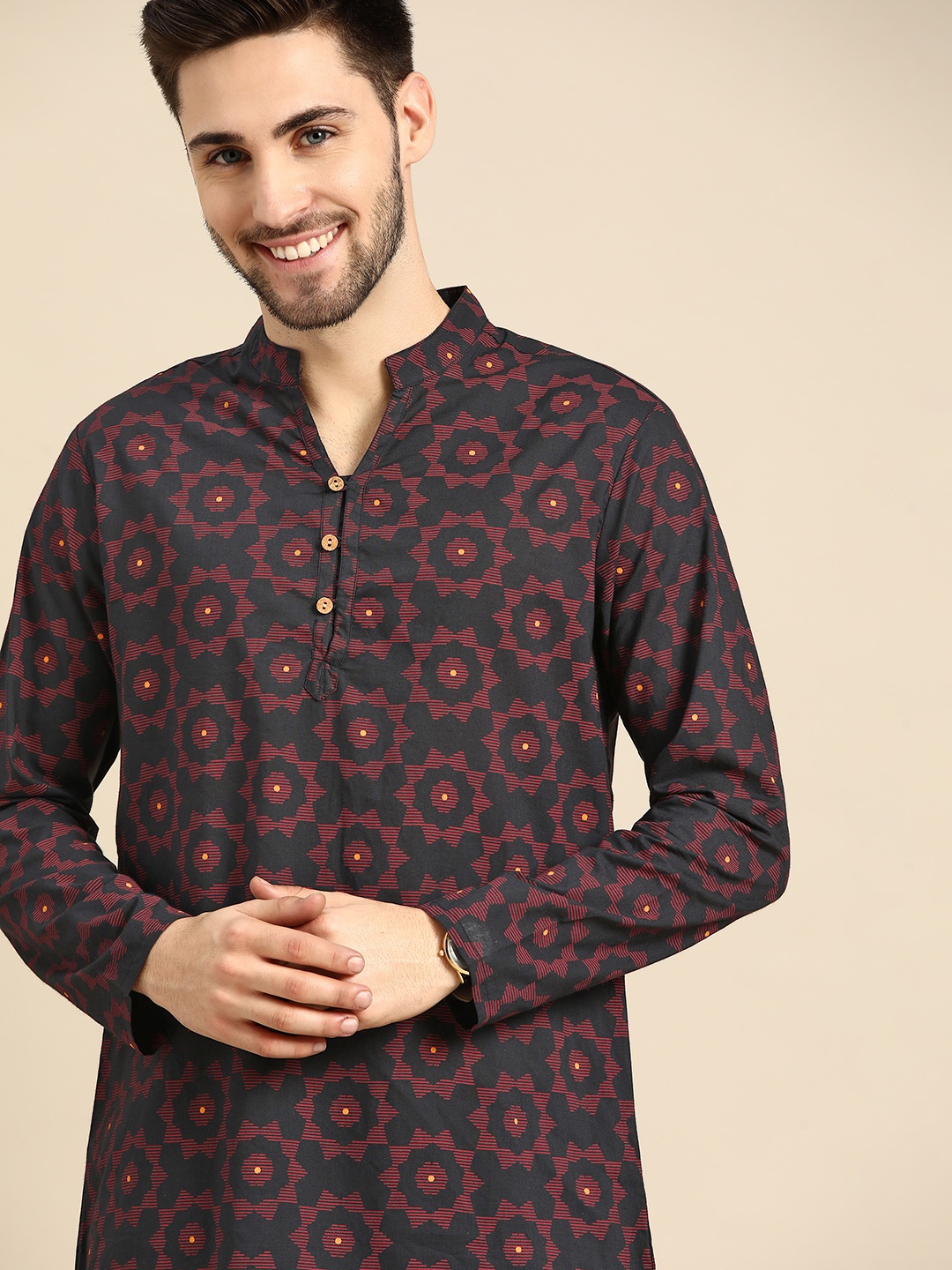 

Anouk Men Black & Pink Geometric Printed Pure Cotton Kurta