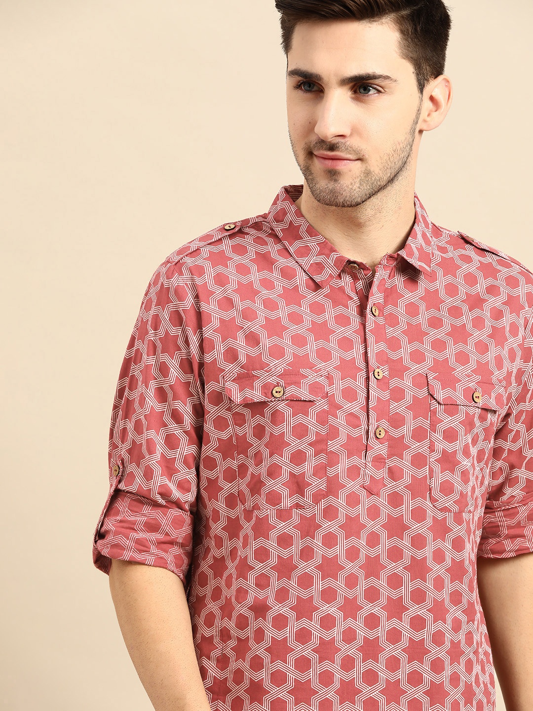 

Anouk Men Maroon & White Geometric Printed Pure Cotton Pathani Kurta