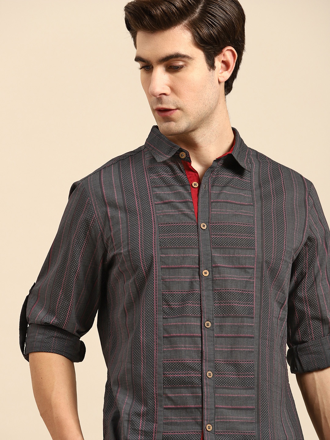 

Anouk Men Charcoal Grey Pure Cotton Geometric Printed Casual Shirt
