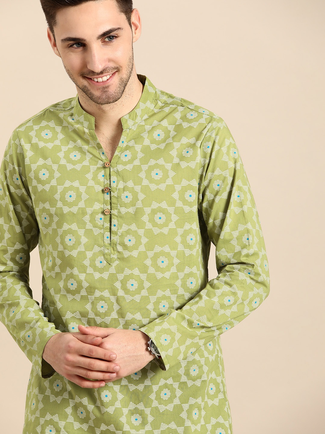 

Anouk Men Green & White Ethnic Motifs Printed Pure Cotton Straight Short Kurta