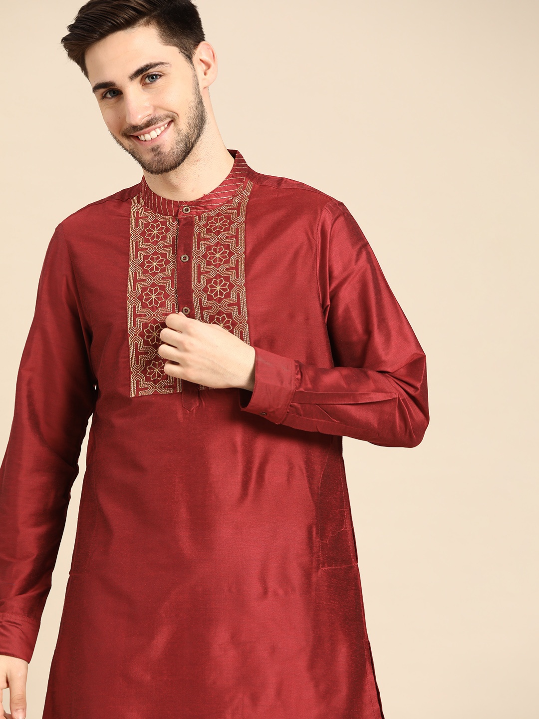 

Anouk Men Red & Golden Ethnic Motifs embroidered Thread Work Kurta