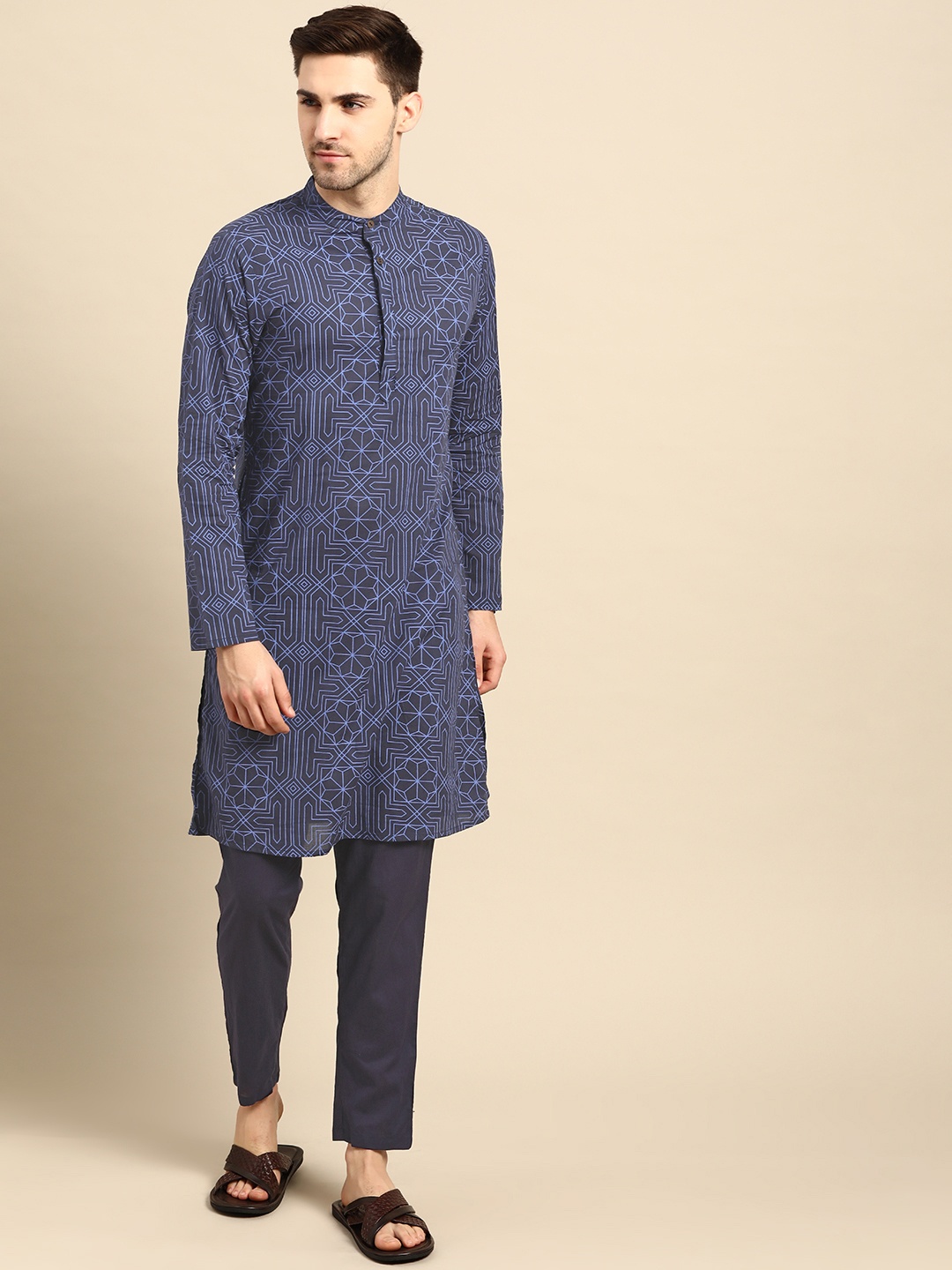 

Anouk Men Navy Blue Ethnic Motifs Print Regular Pure Cotton Straight Kurta with Trousers