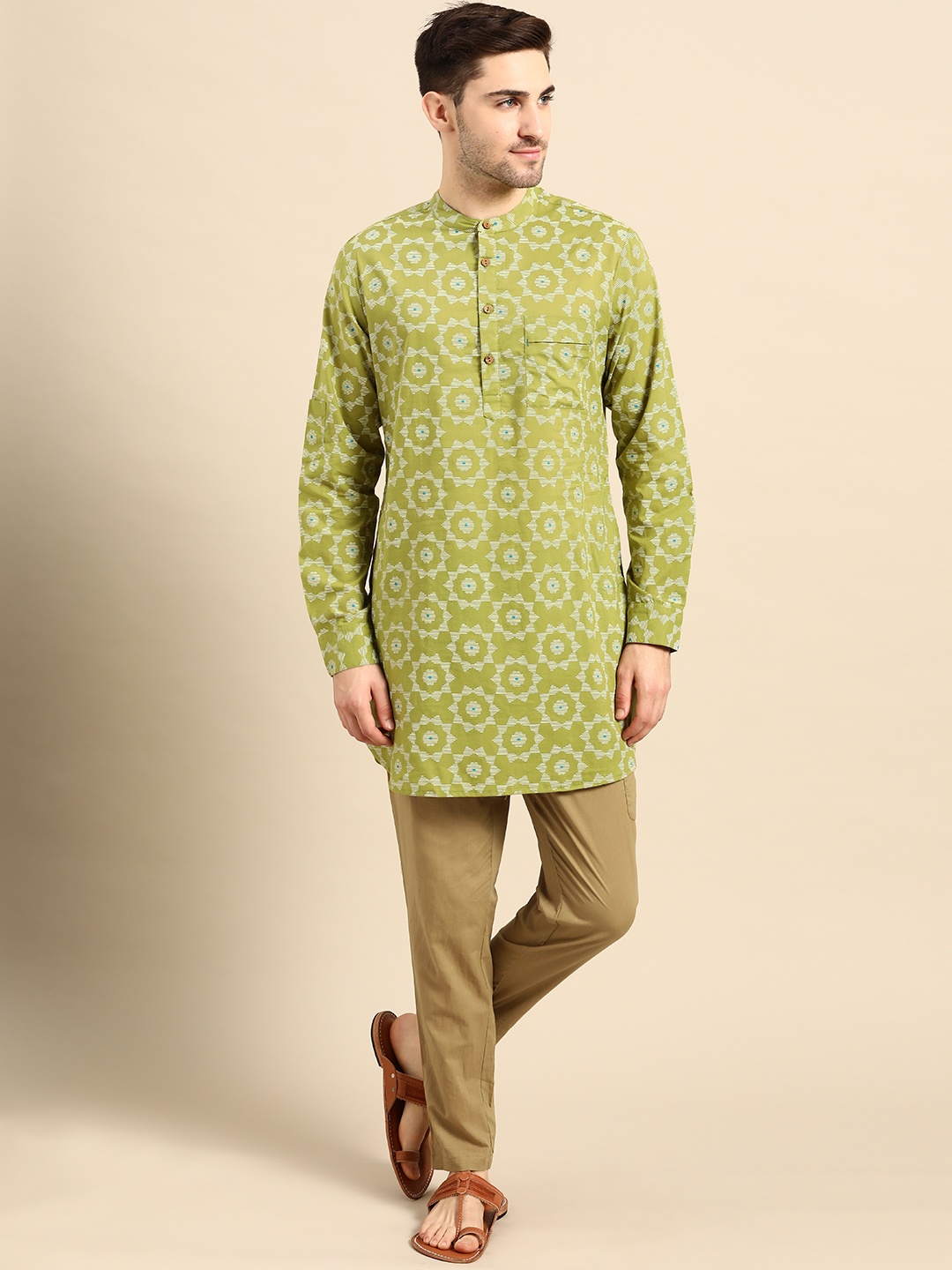 

Anouk Men Green & Beige Printed Pure Cotton Regular Kurta with Pyjamas