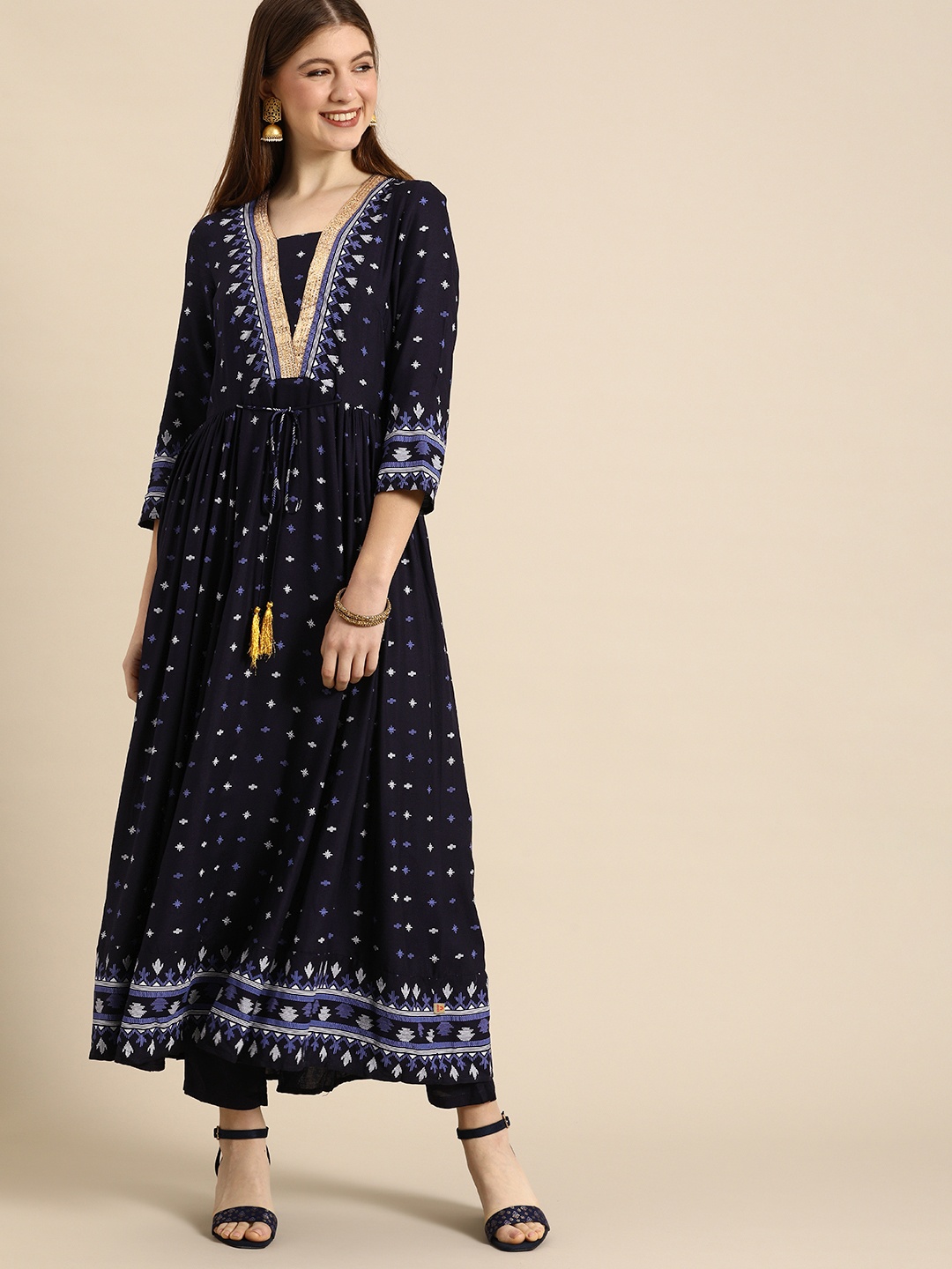 

Anouk Women Navy Blue Ethnic Motifs Printed Anarkali Kurta with Trousers