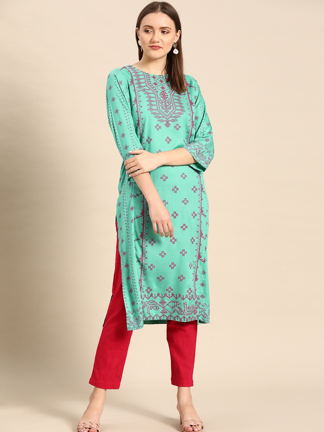 

Anouk Women Green & Pink Geometric Printed Kurta