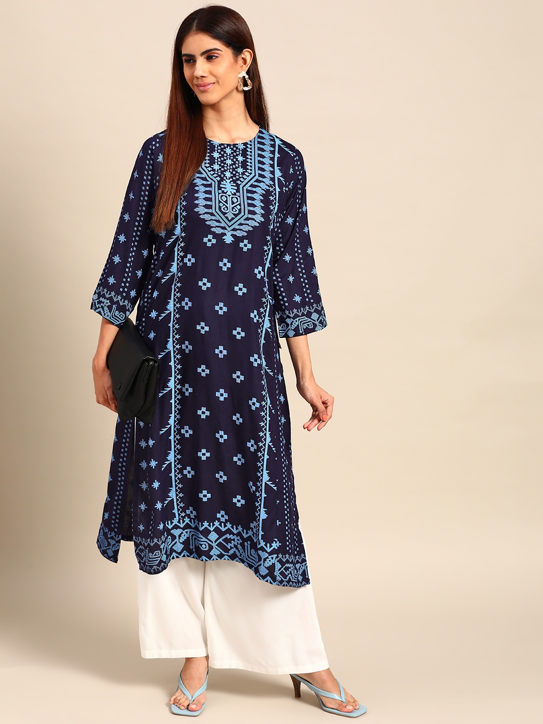 

Anouk Women Blue Geometric Printed Cotton Kurta