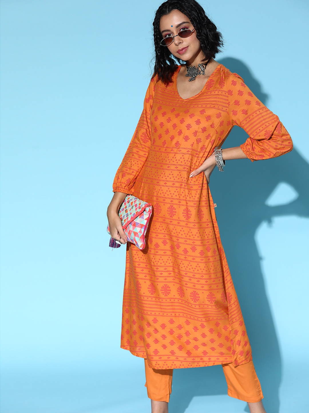 

Anouk Ethnic Motifs Viscose Rayon Kurta Set, Coral