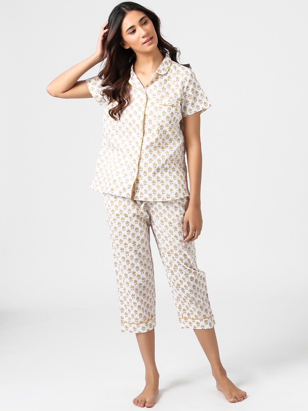 

Fabindia Women White & Yellow Cotton Hand Block Printed Night suit