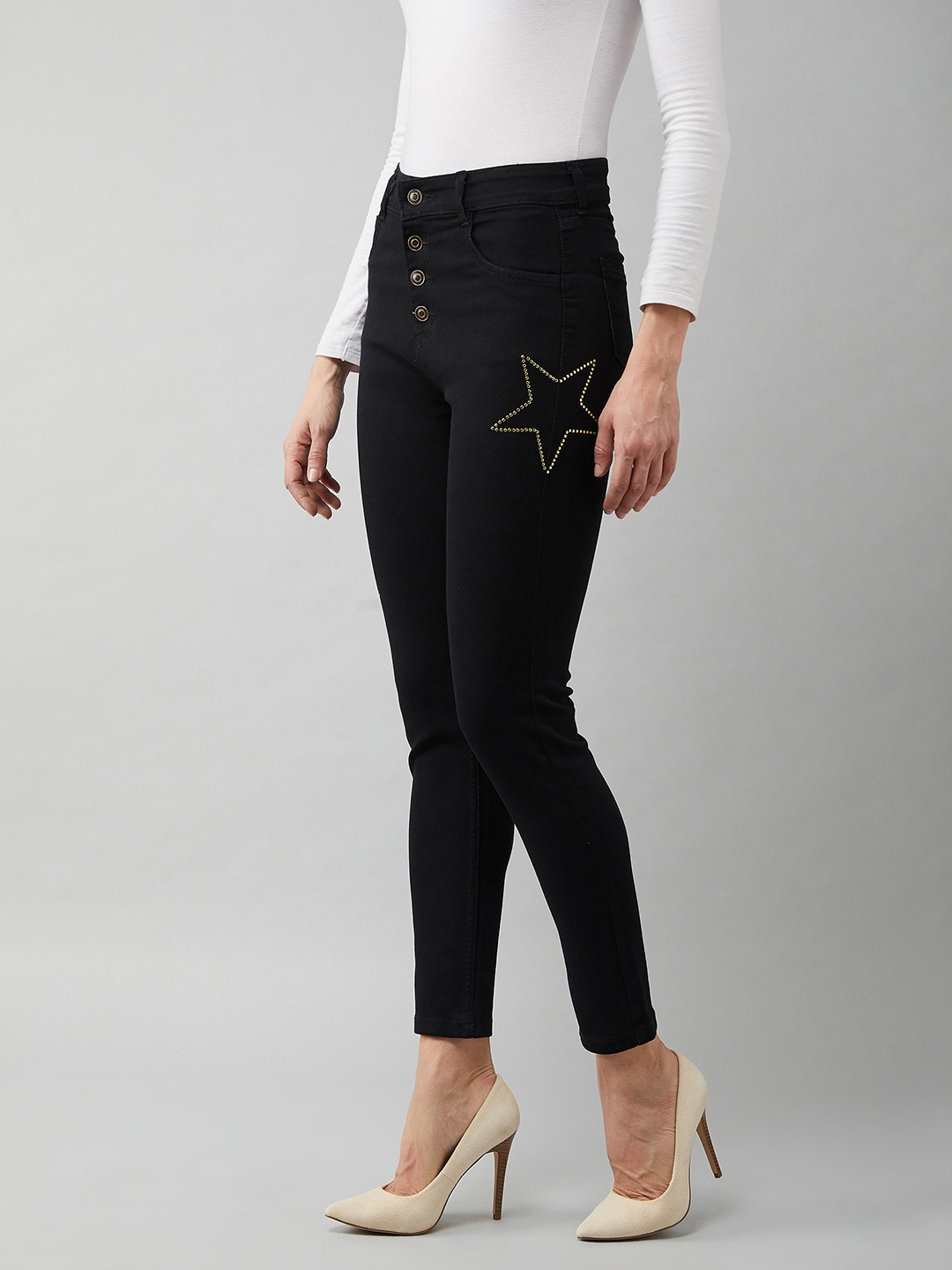 

DOLCE CRUDO Women Black Embellished Skinny Fit High-Rise Mildly Distressed Jeans