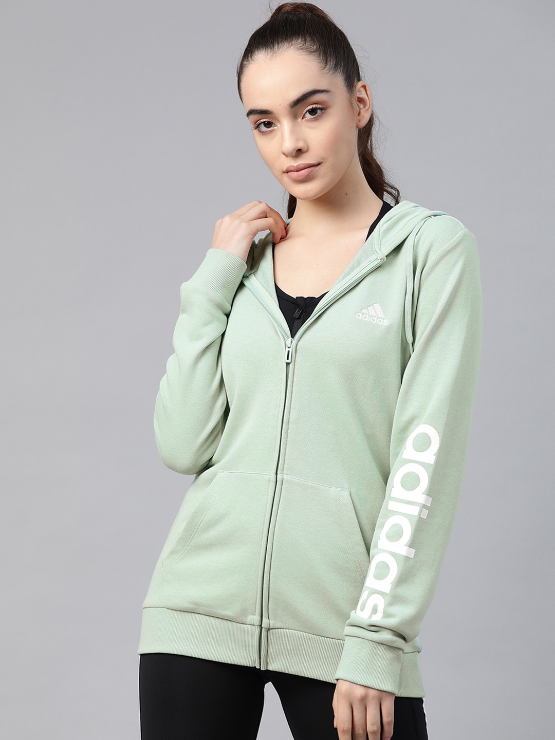 

ADIDAS Women Green & White LIN FT FZ HD Hooded Sporty Jacket