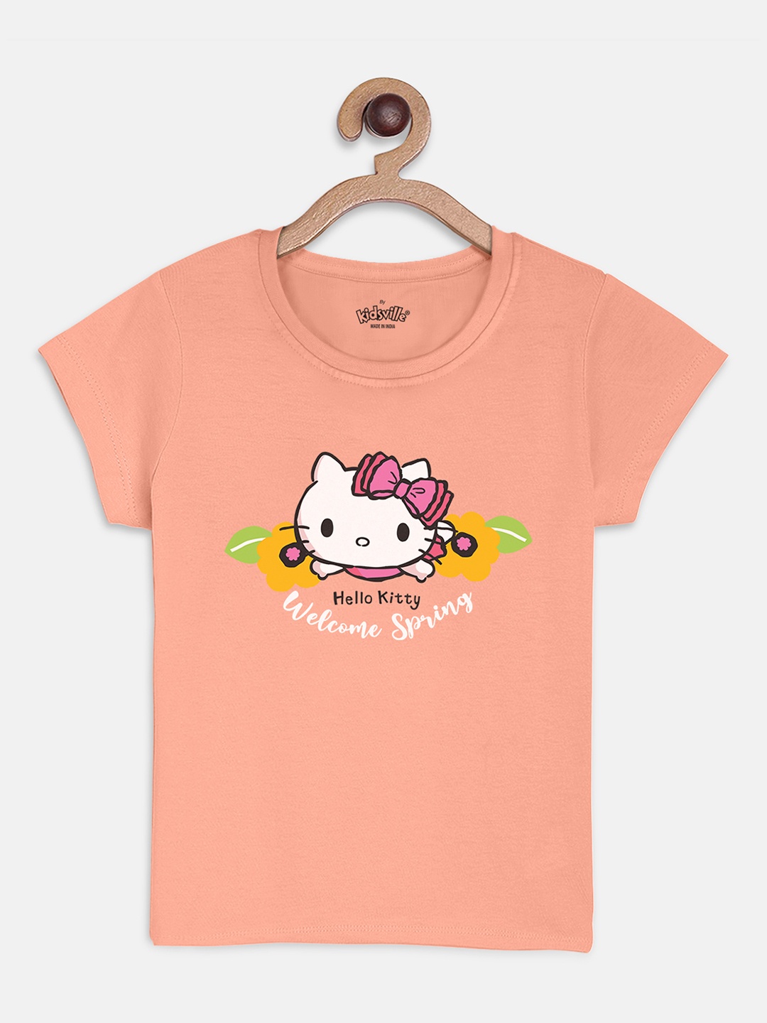 

Kids Ville Girls Peach-Coloured Hello Kitty Printed Round Neck Pure Cotton T-shirt