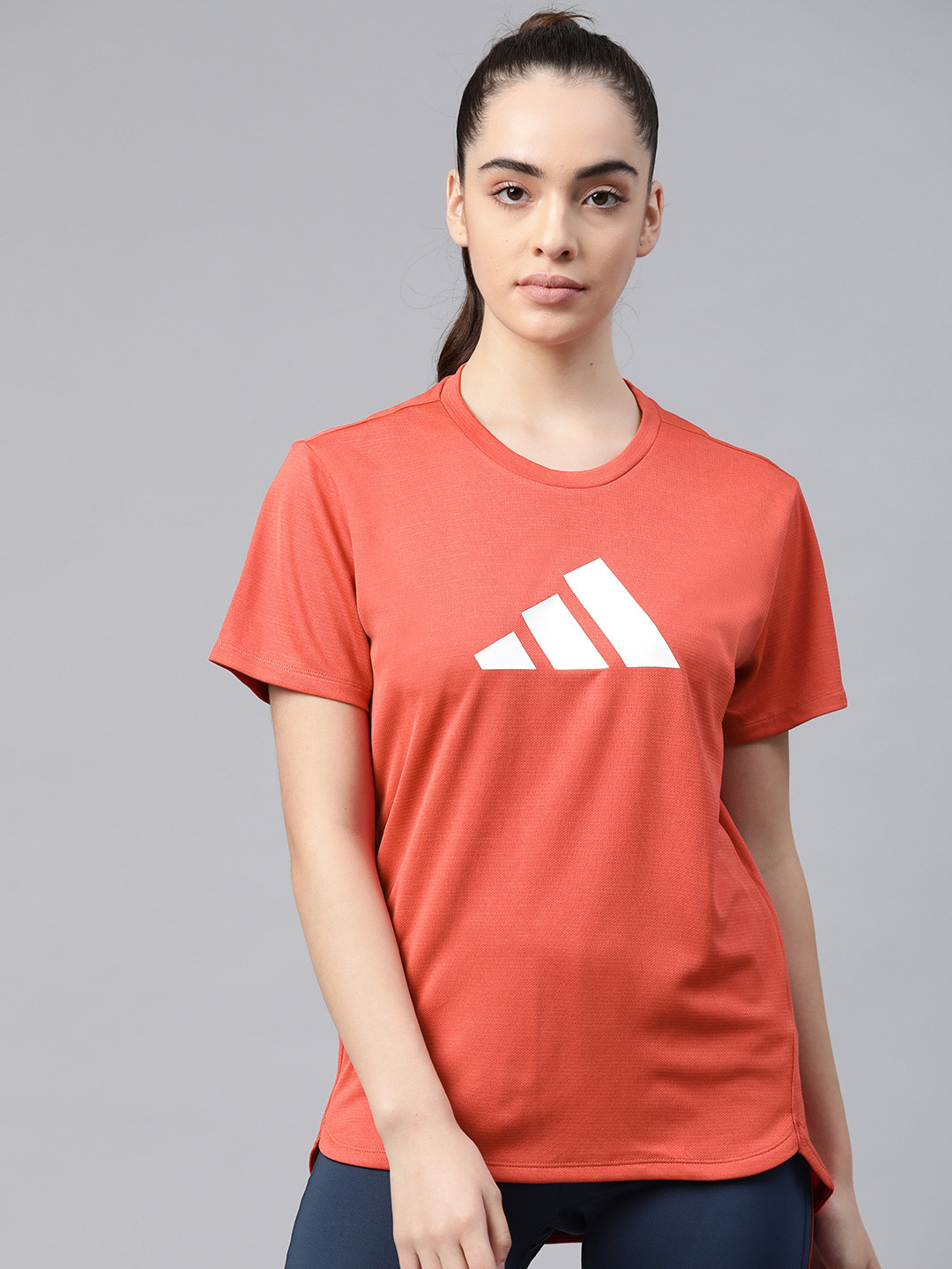 

ADIDAS Women Orange & White 3 Bar Brand Logo Training or Gym T-shirt