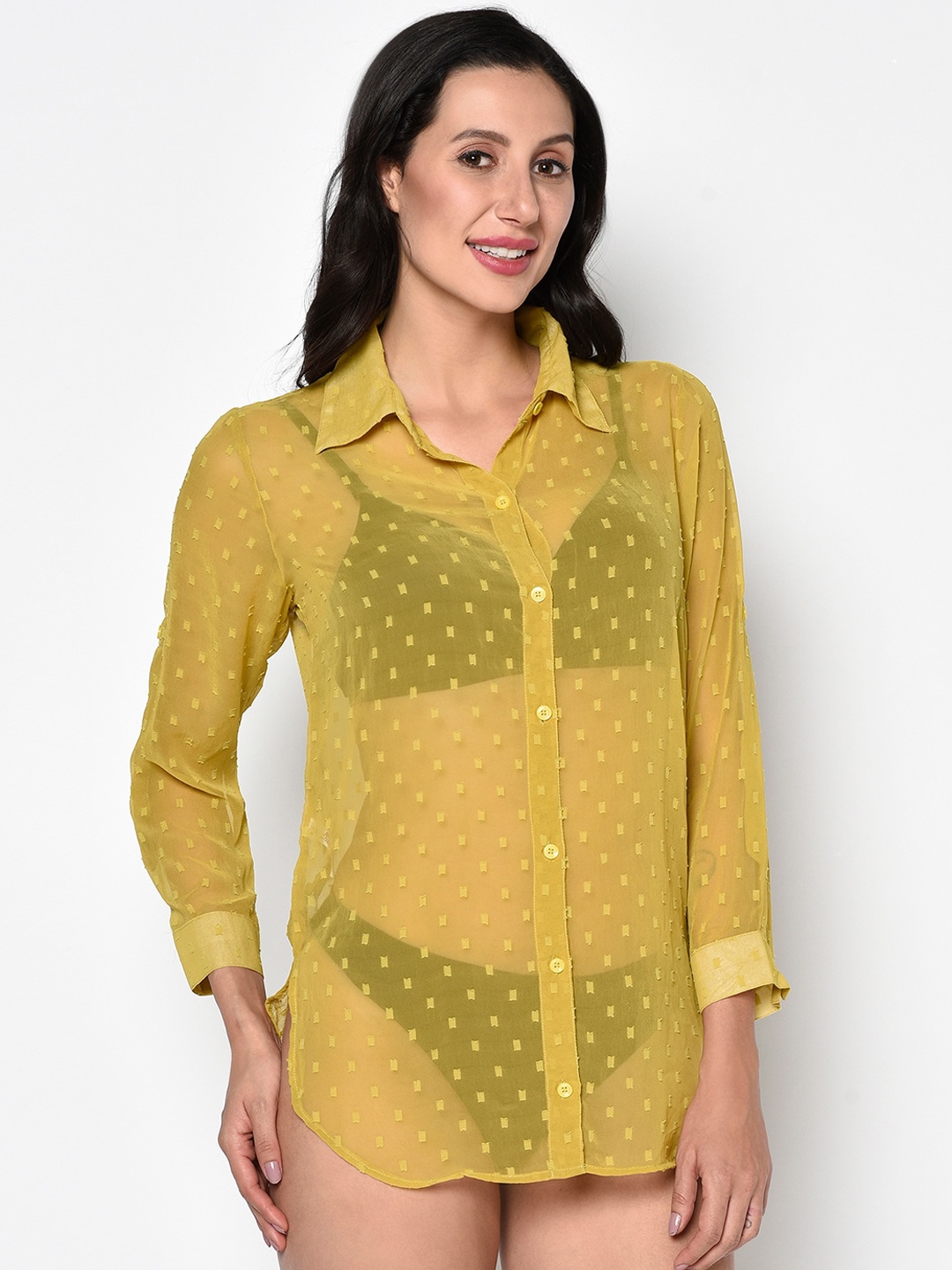 

Da Intimo Women Yellow Dobby Weave Swimwear Cover Up Shirt Dress