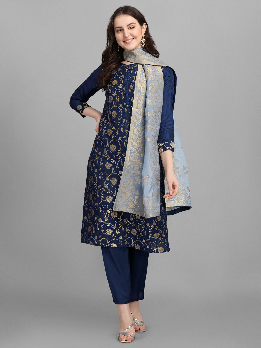 

Seerat Women Navy Blue Printed Straight Pure Silk Jacquard Kurta, Palazzos & Stole
