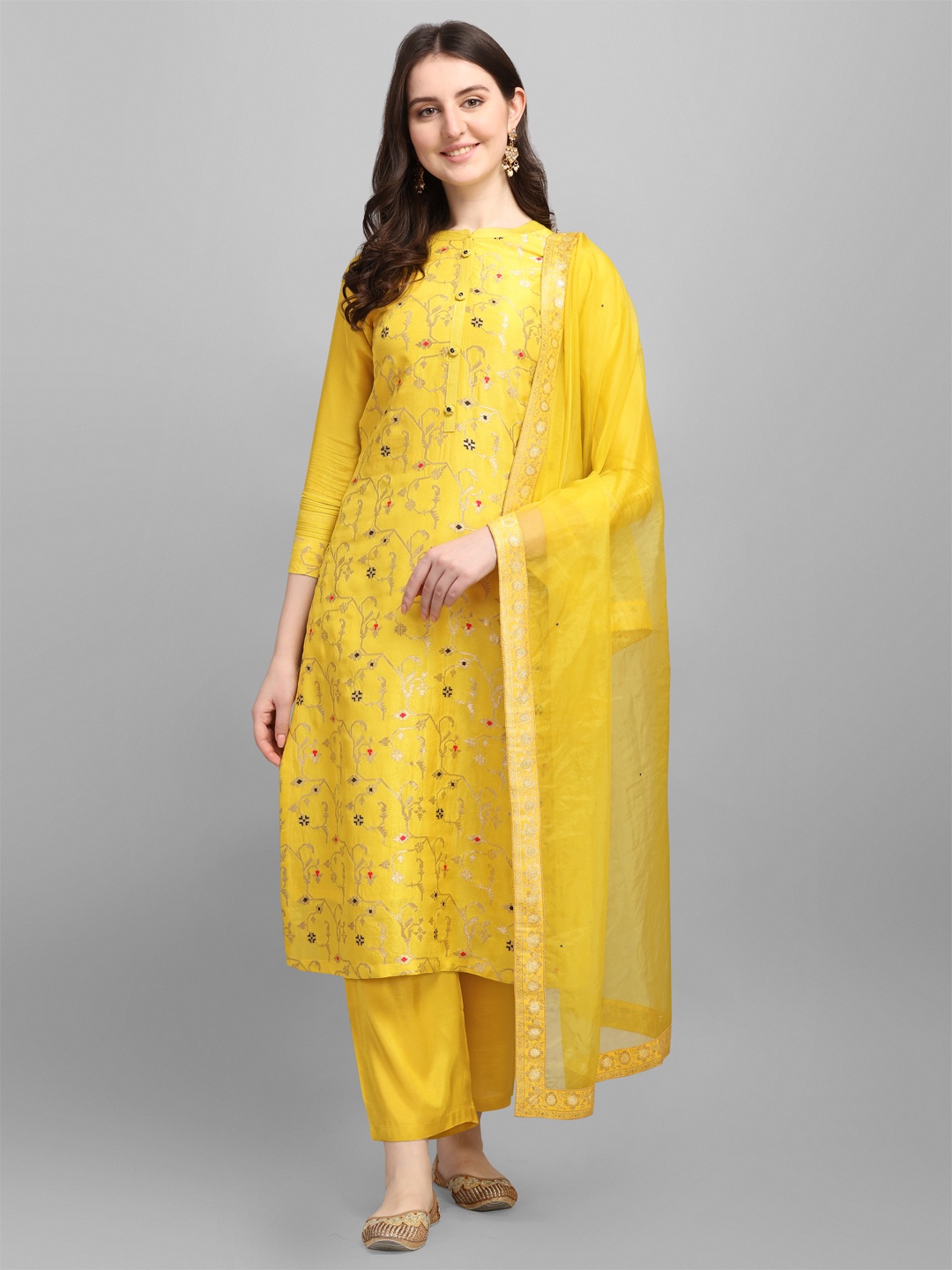 

Seerat Women Yellow Printed Regular Pure Silk Jacquard Kurta & Trousers with Dupatta