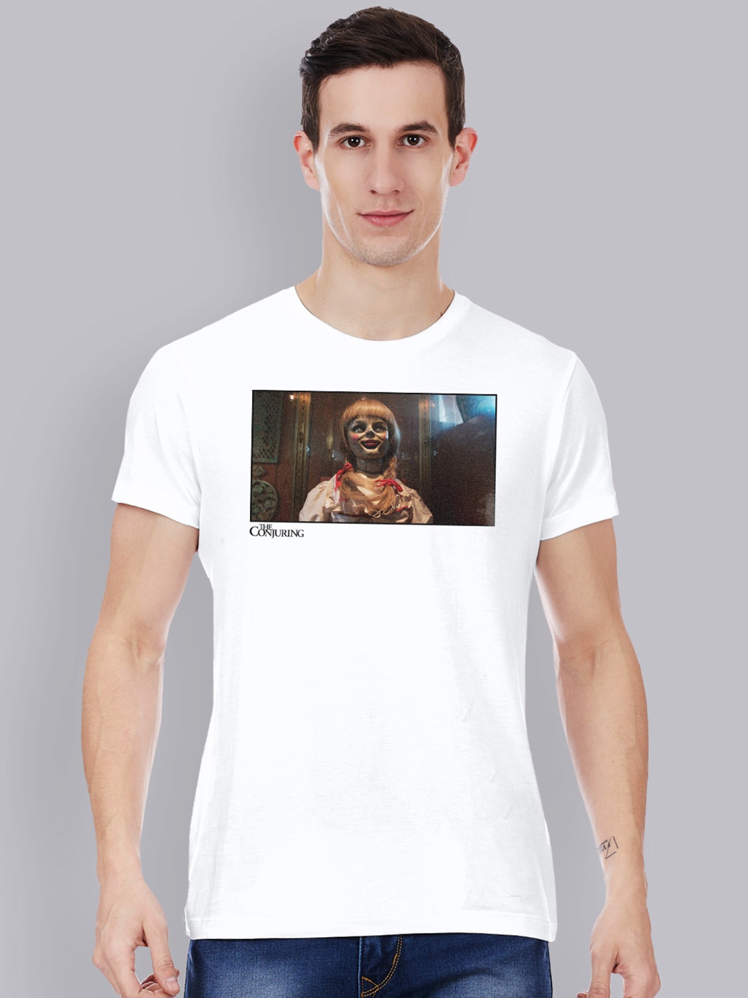 

Free Authority Men White The Conjuring Printed Round Neck Pure Cotton T-shirt
