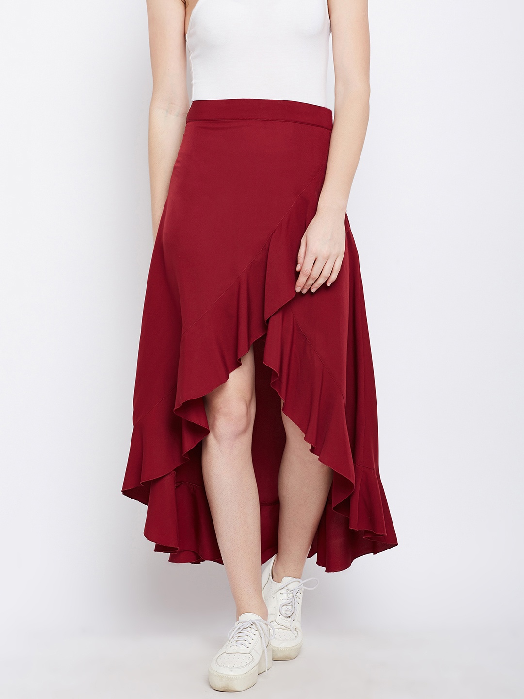 

Berrylush Women Maroon Solid Ruffled Flared Midi Skirt