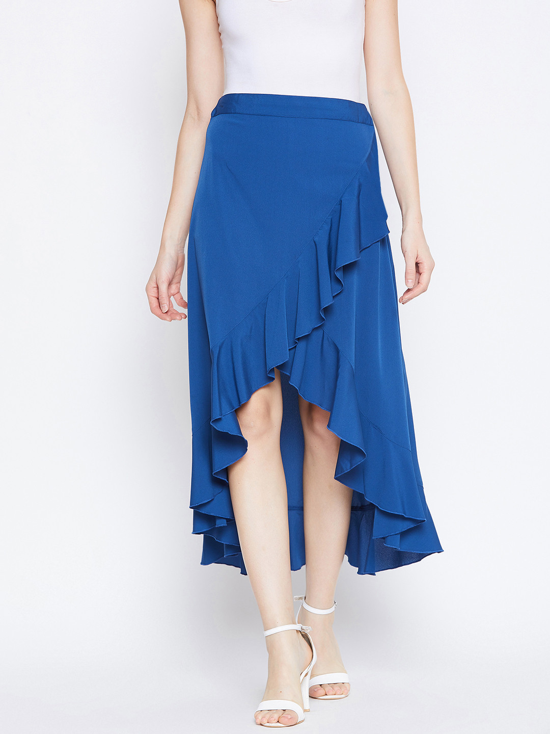 

Berrylush Women Blue Solid Ruffled Flared Midi Skirt
