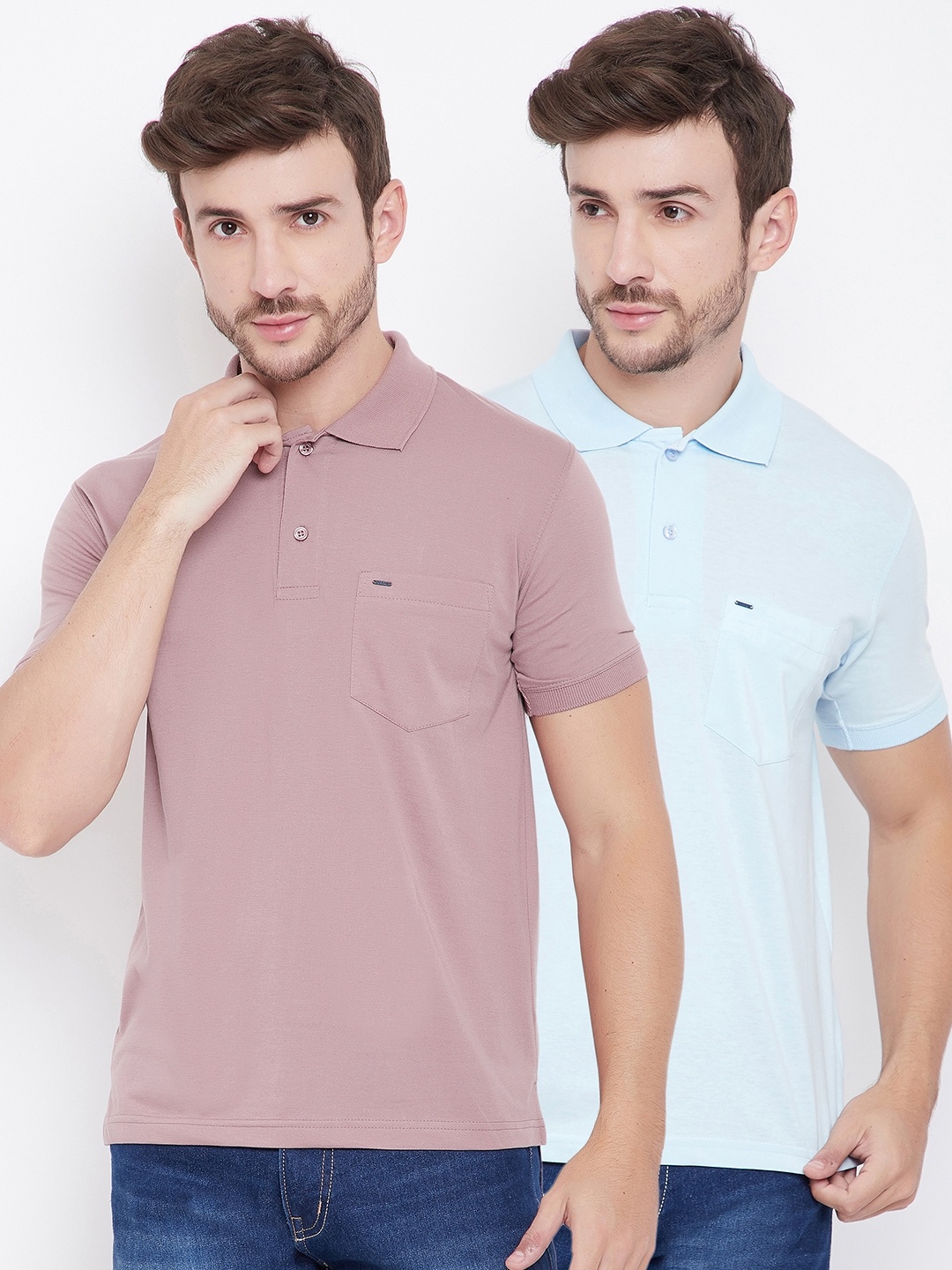 

Okane Men Pack Of 2 Pink & Turquoise Blue Solid Polo Collar T-shirts