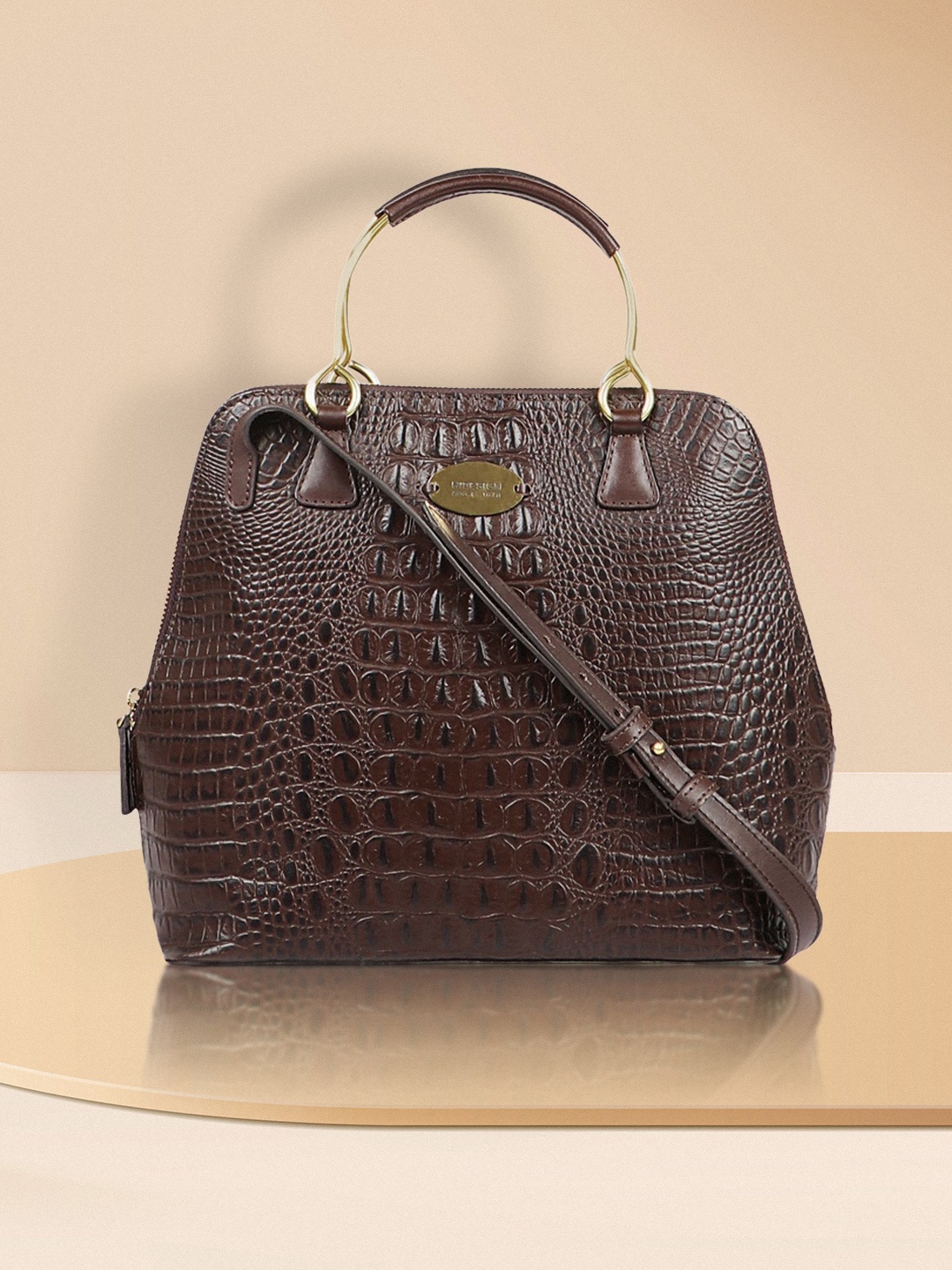 

Hidesign Brown Croco-Skin Textured Handheld Bag