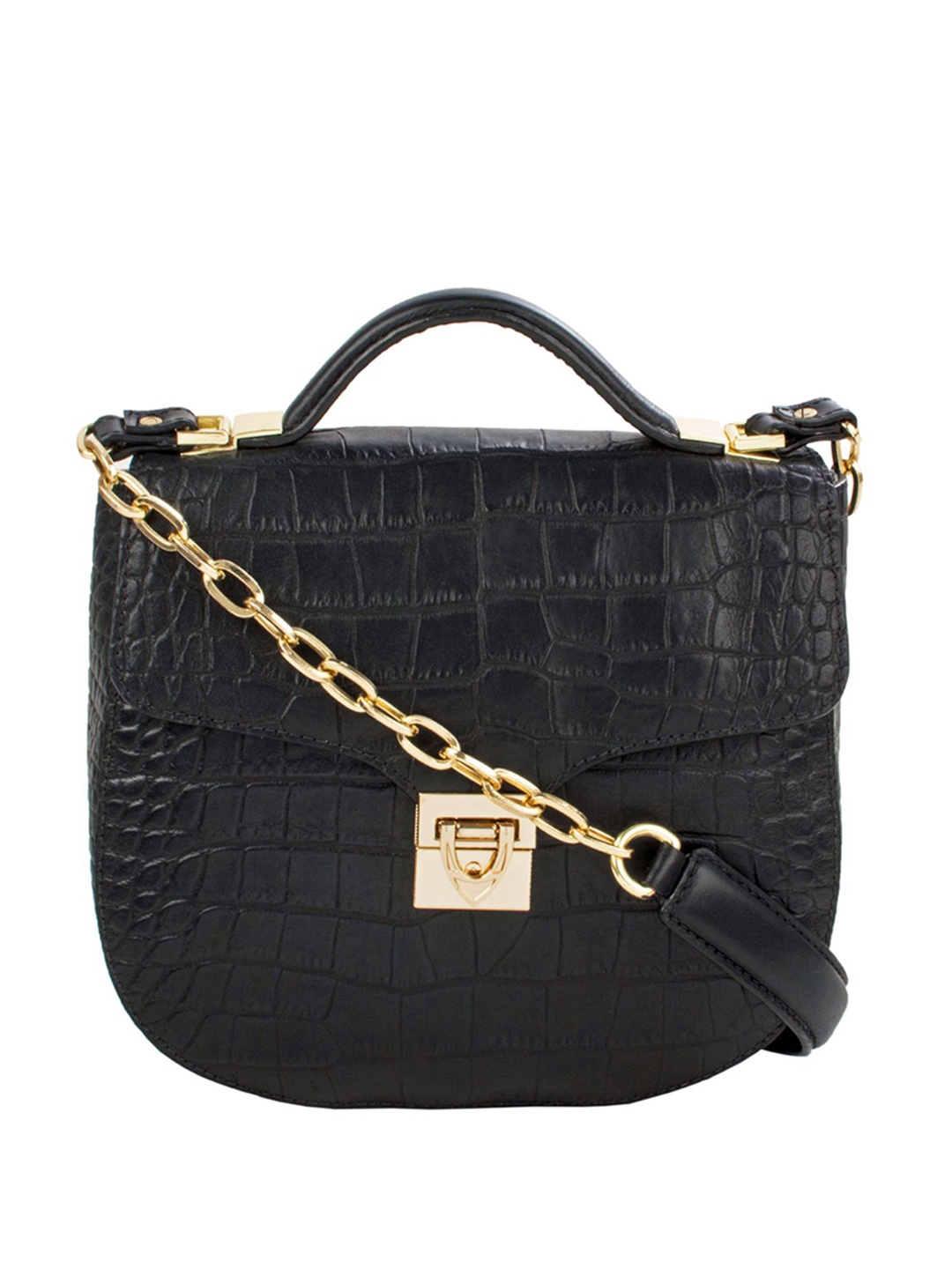 

Hidesign Black Croco-Skin Textured Leather Satchel Bag