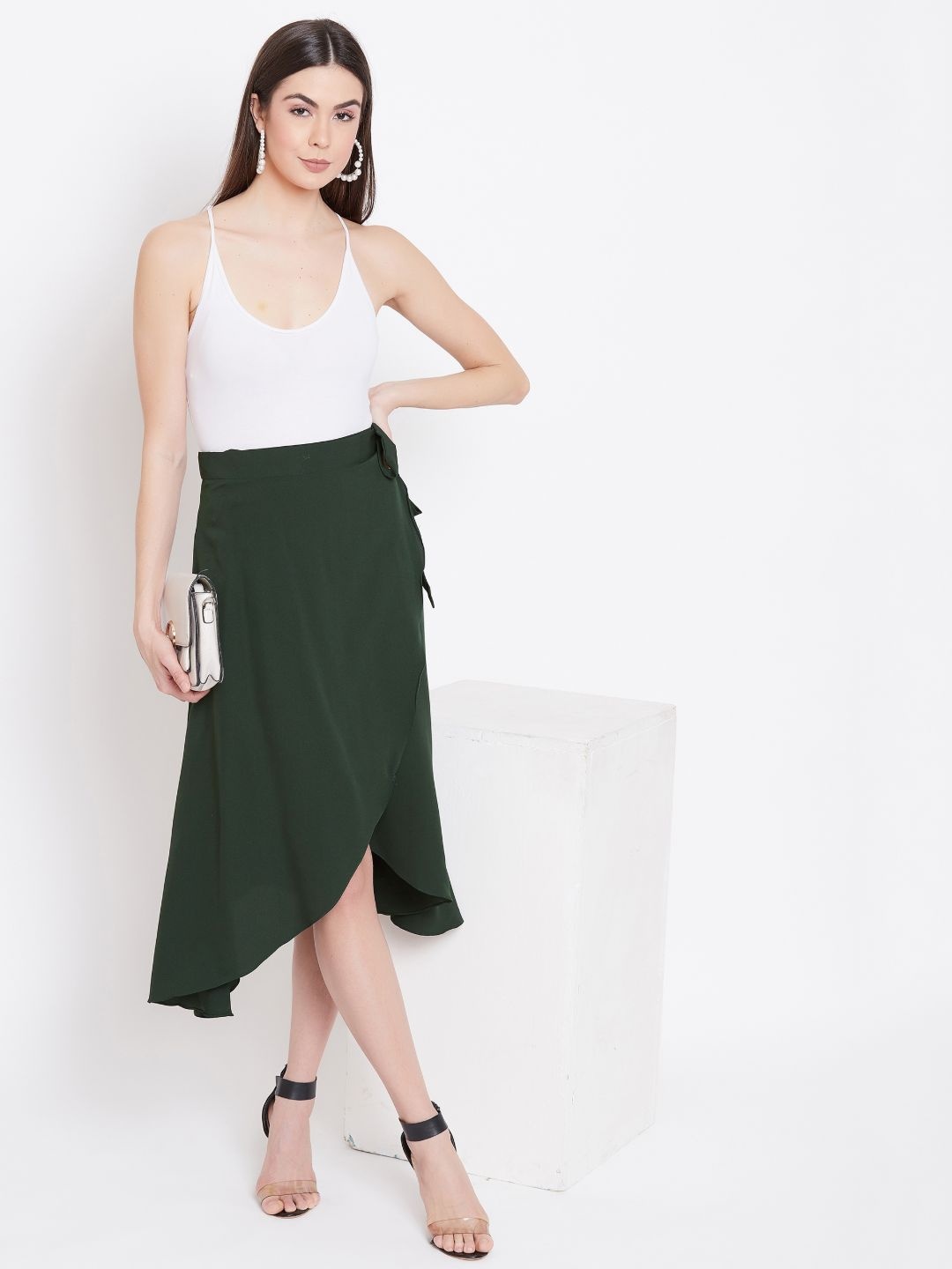 

Uptownie Lite Women Green Solid Ruffle Wrap Midi Skirt