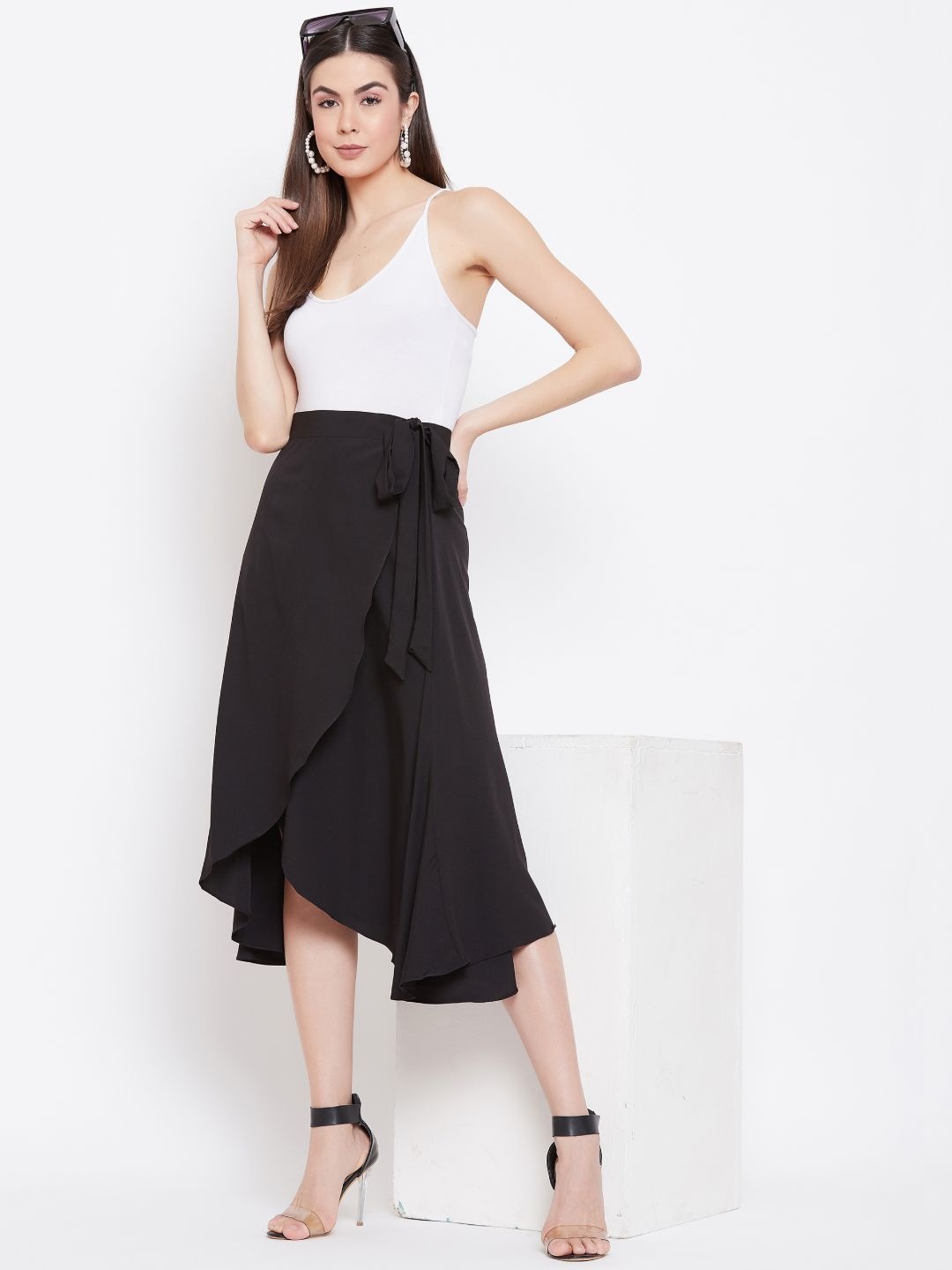 

Uptownie Lite Women Black Solid Crepe Ruffle Wrap Midi Skirt