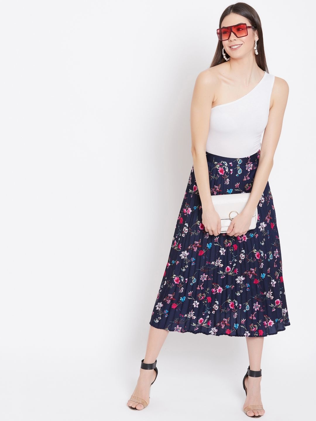 

Uptownie Lite Blue & Pink Printed Accordion Pleated Flared Midi Skirt