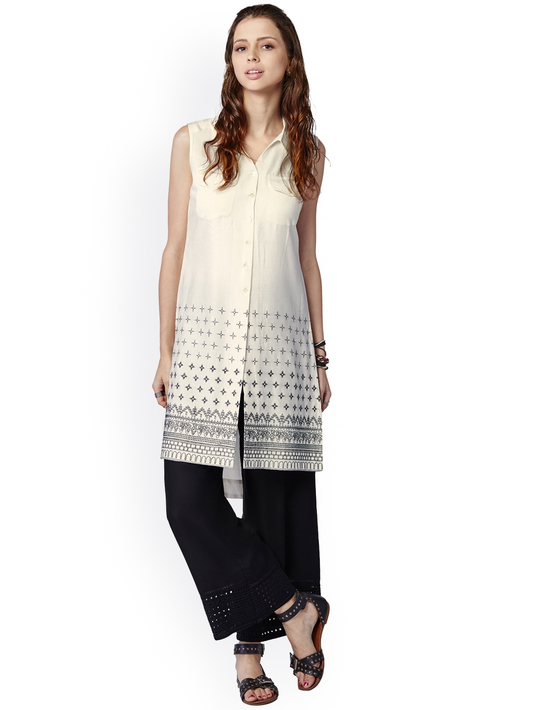 

Global Desi Women Off-White Embroidered High-Low Kurta
