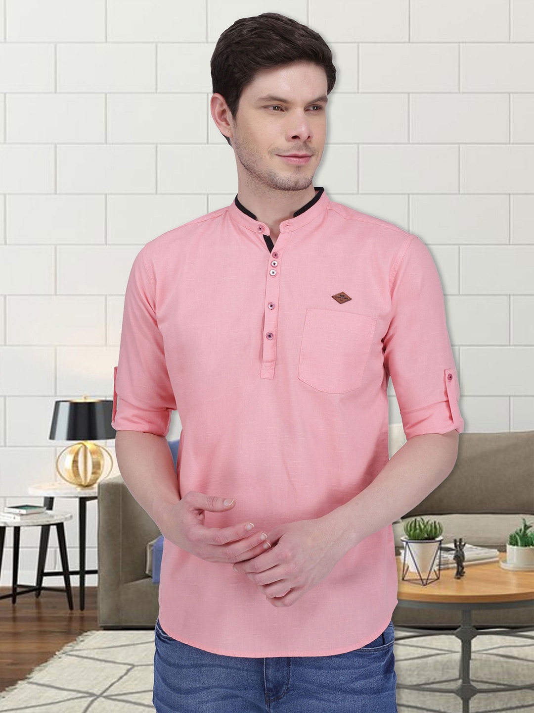 

Kuons Avenue Men Pink Solid Linen Kurta