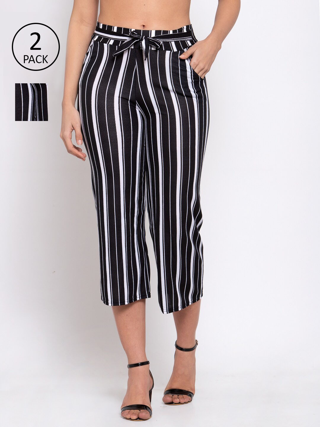 

KLOTTHE Women Pack Of 2 Black & White Striped Wide Leg Palazzos