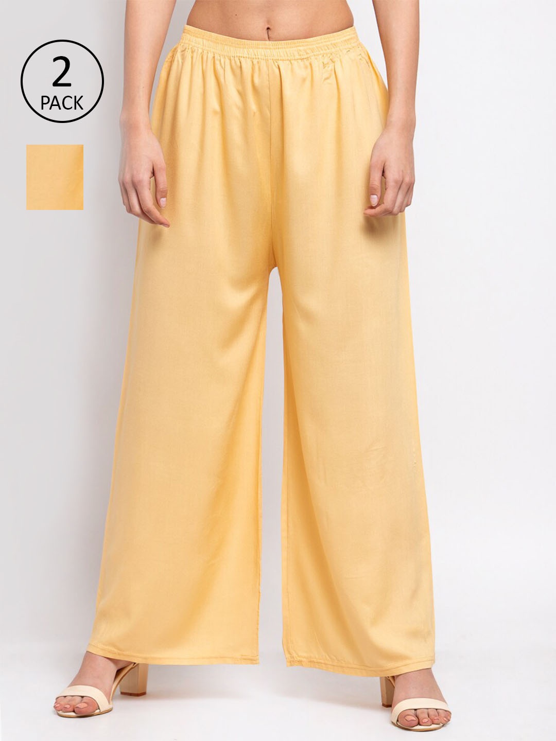 

KLOTTHE Women Pack Of 2 Solid Wide Leg Cotton Palazzos, Yellow