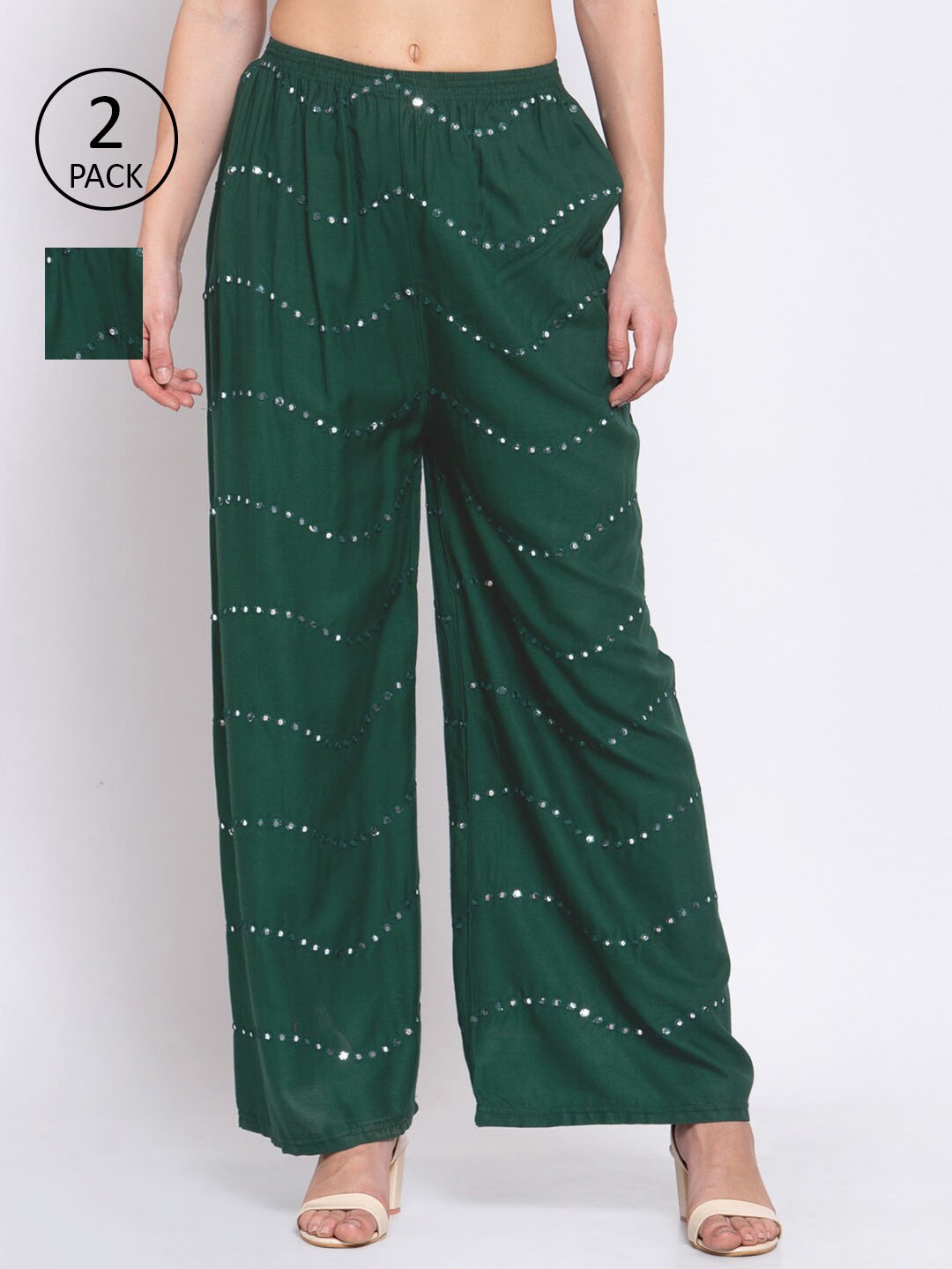

KLOTTHE Women Pack Of 2 Green & White Embroidered Wide Leg Palazzos