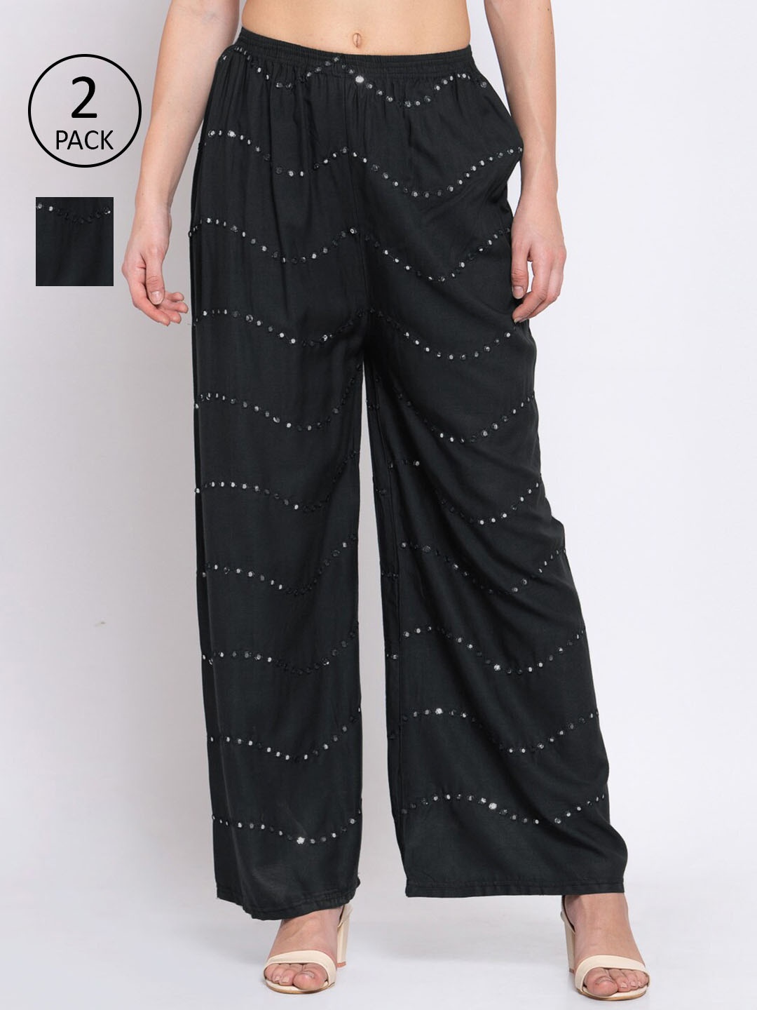 

KLOTTHE Women Pack Of 2 Embroidered Wide Leg Palazzos, Black