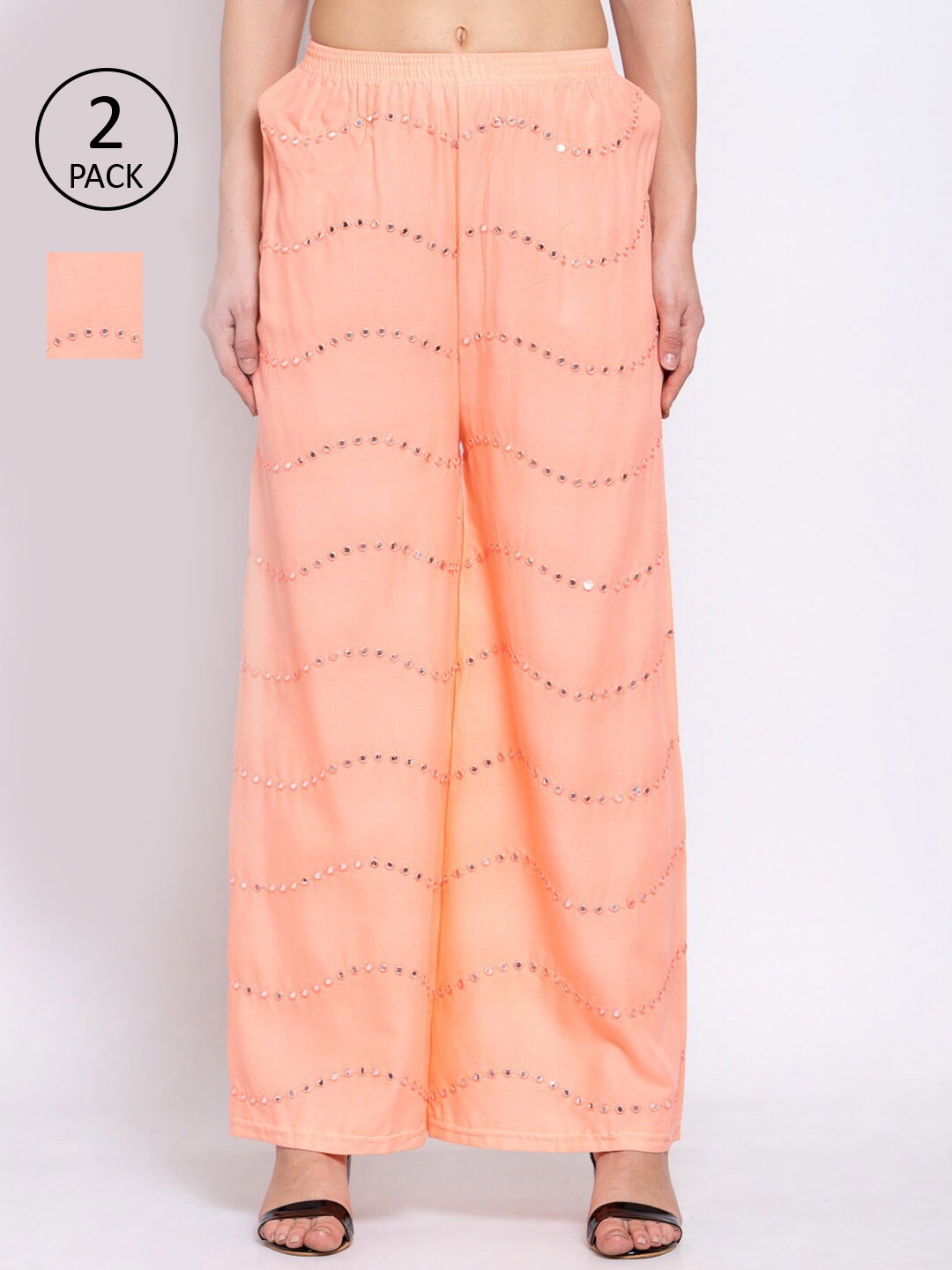 

KLOTTHE Women Pack of 2 Peach-Coloured Embroidered Wide Leg Palazzos