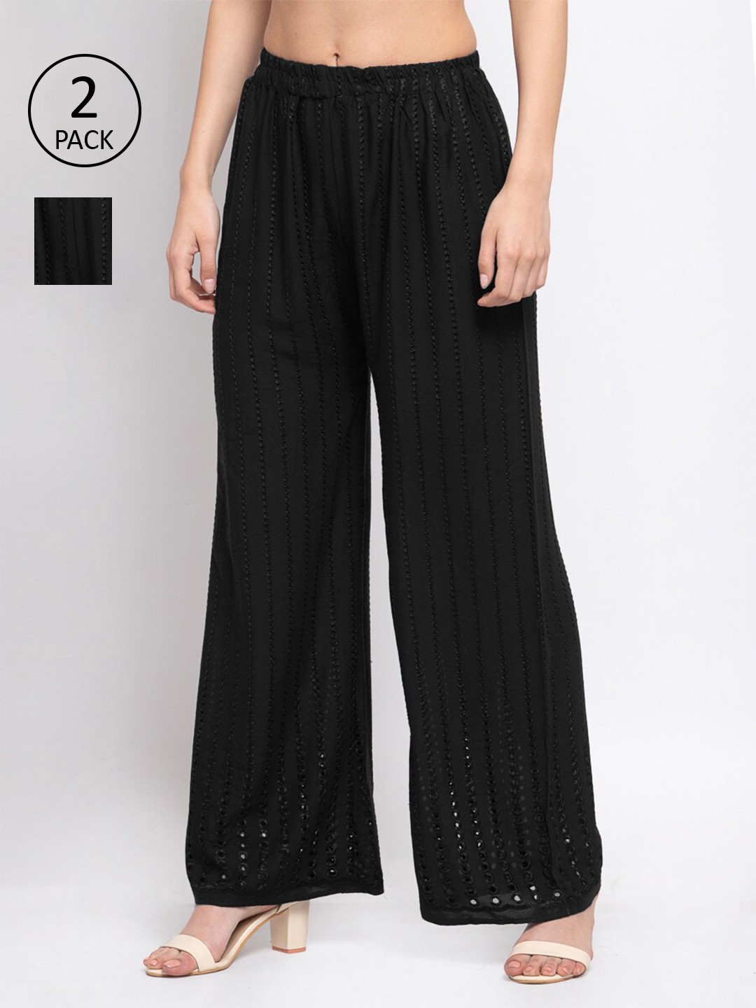 

KLOTTHE Women Pack of 2 Black Embroidered Wide Leg Palazzos