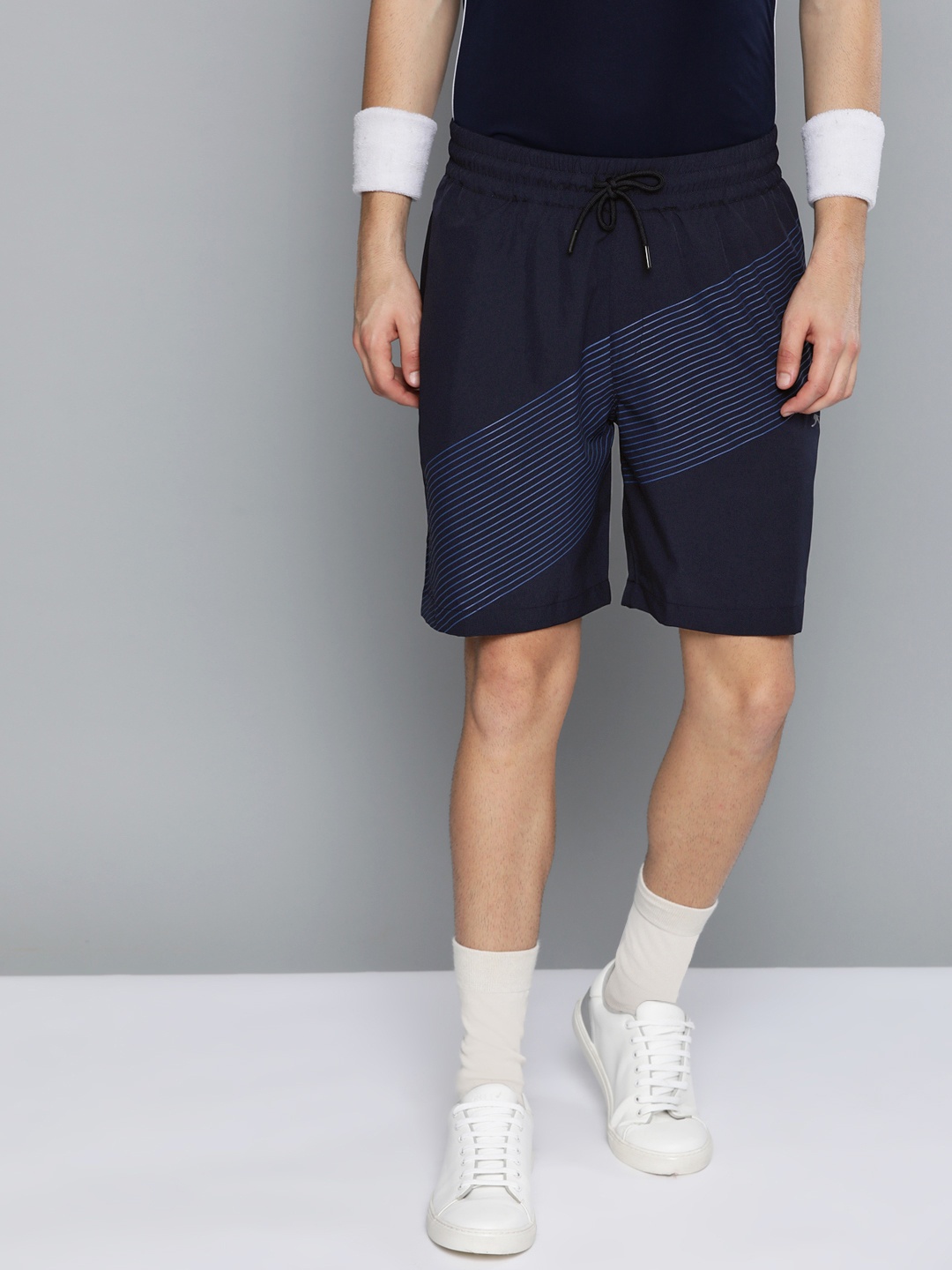 

Slazenger Men Navy Blue Striped Mid-Rise Sports Shorts