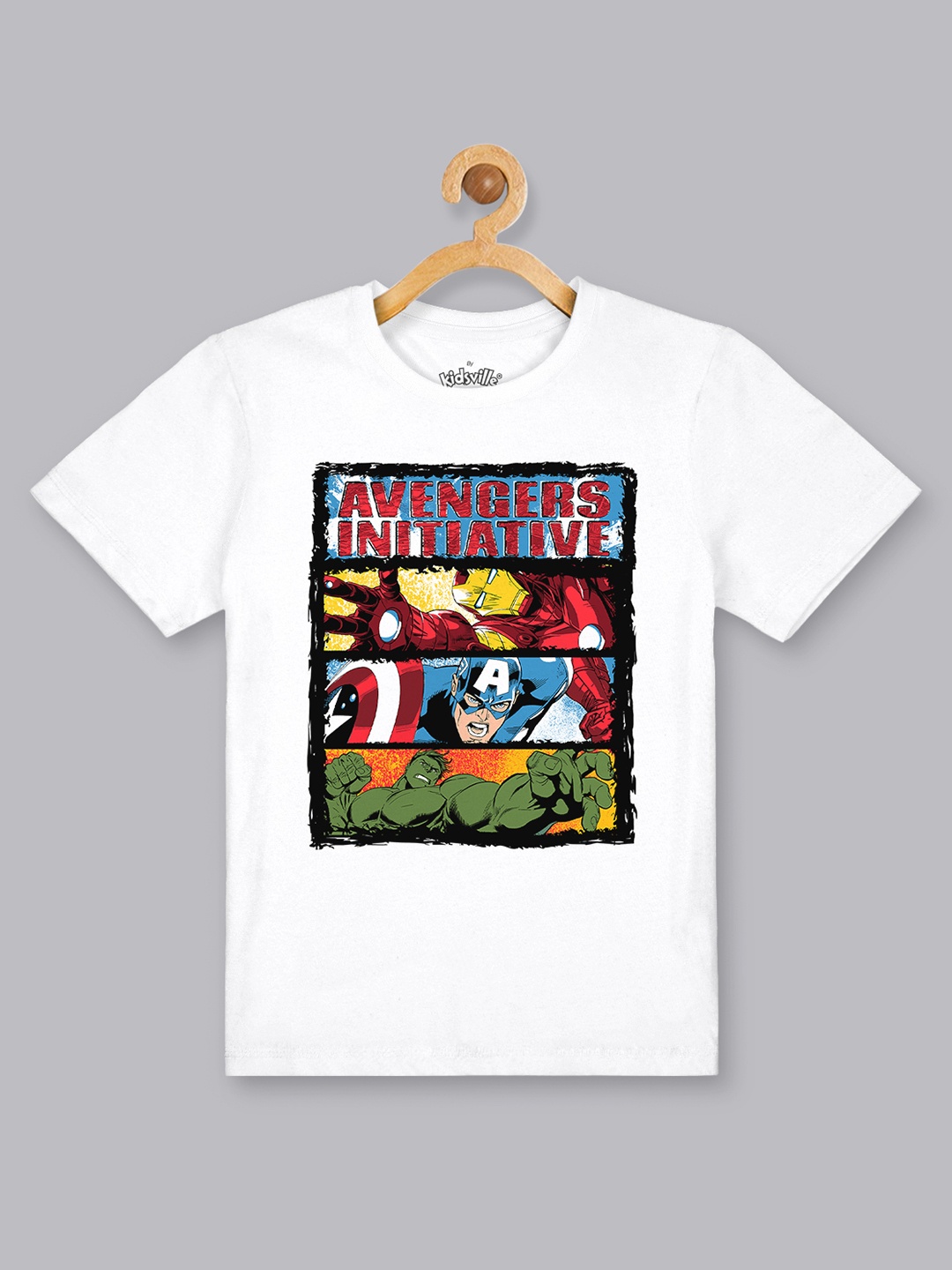 

Kids Ville Boys White Avengers Printed Round Neck Pure Cotton T-shirt