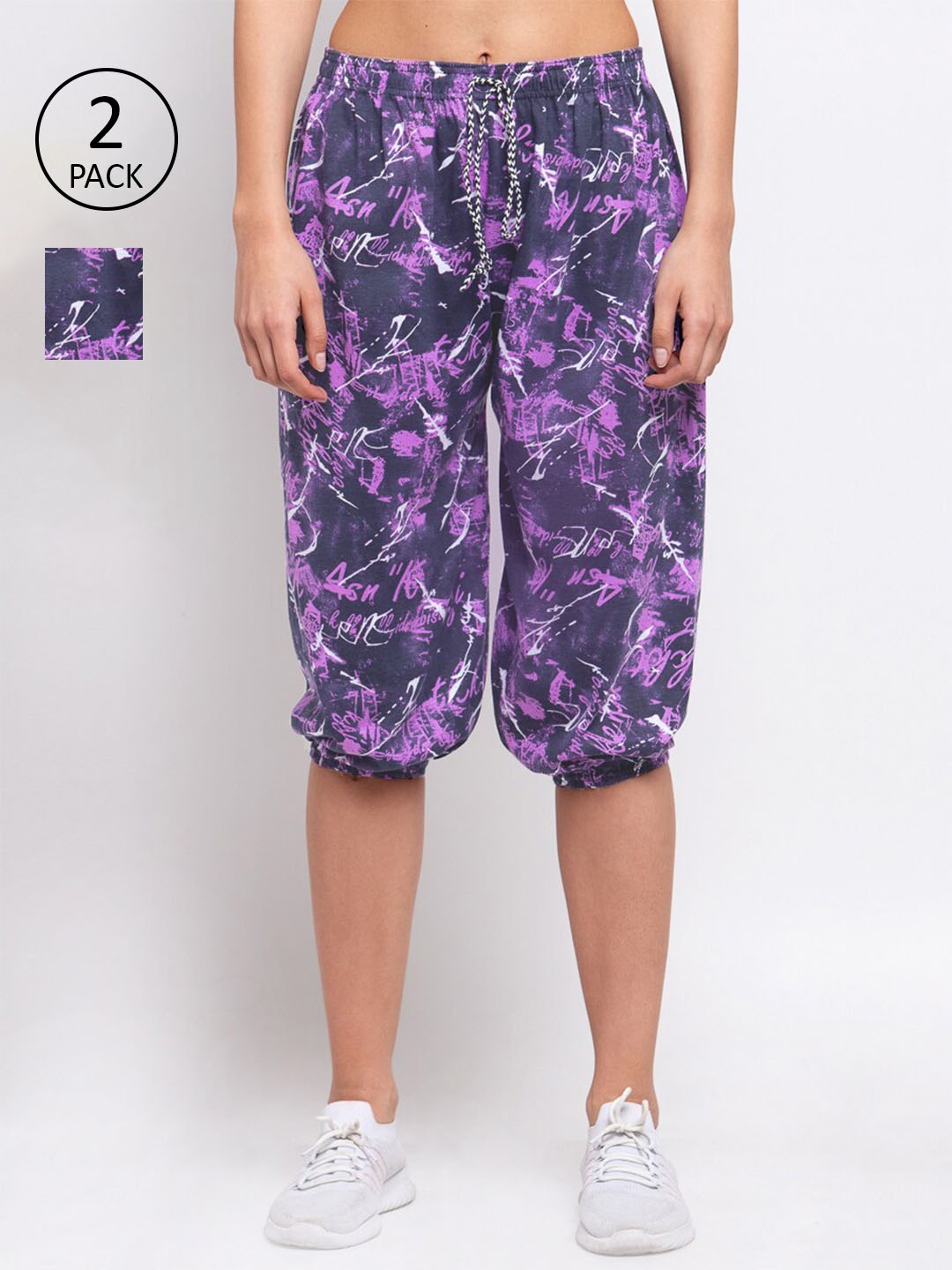 

KLOTTHE Women Pack Of 2 Purple & Grey Printed Cotton Capris