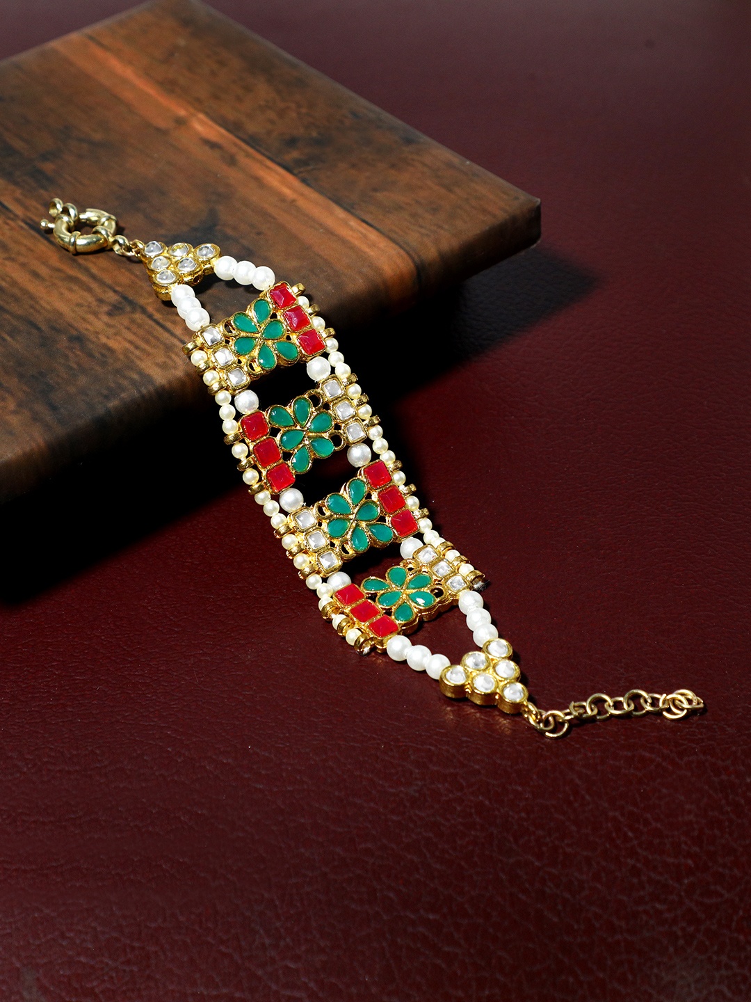 

KARATCART Gold-Plated Red & Green Handcrafted Wraparound Kundan Bracelet