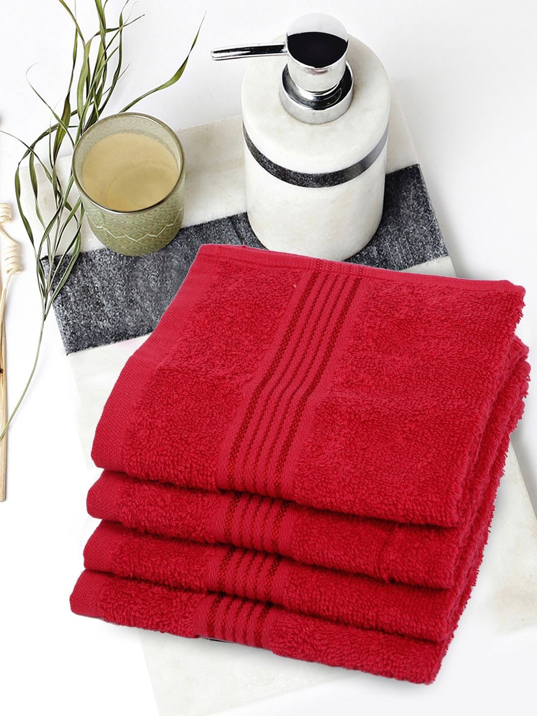 

KOPA LORENA Unisex Set Of 4 Red Solid 380 GSM Pure Cotton Super-Soft Terry Face Towels